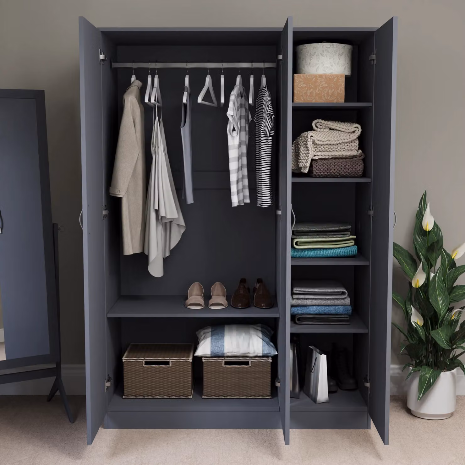 Home Discount Vida Designs Riano 3 Door Grey Wardrobe with Internal Shelves and Hanging Rod – 3