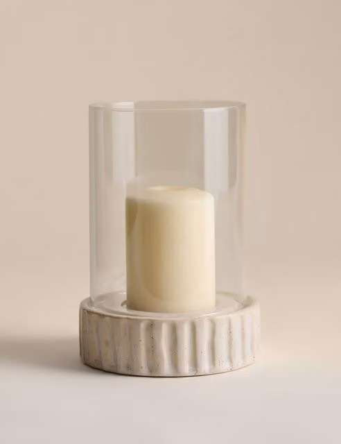 M&S White Ribbed Ceramic and Glass Hurricane Pillar Candle Holder