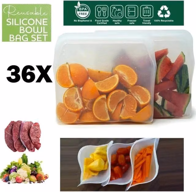 ATEK 36 Pack Reusable BPA Free Silicone Zip Lock Freezer Bags in Clear