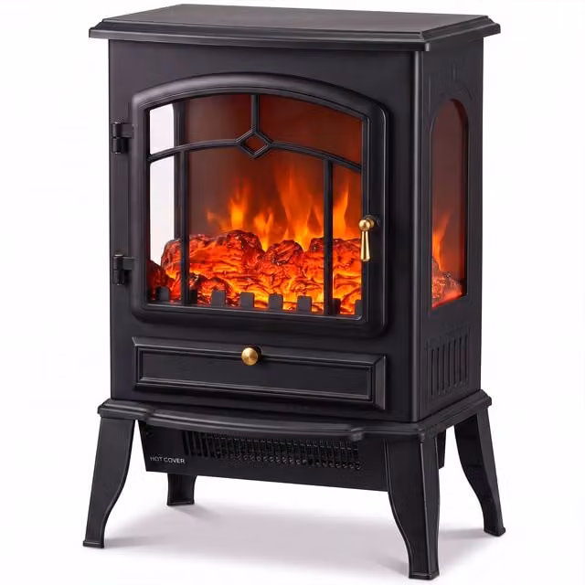 HOMCOM Electric Fireplace Stove, 1000/2000W 3-Sided Freestanding Heater with 3D Flame Log and Thermostat, Black – 1
