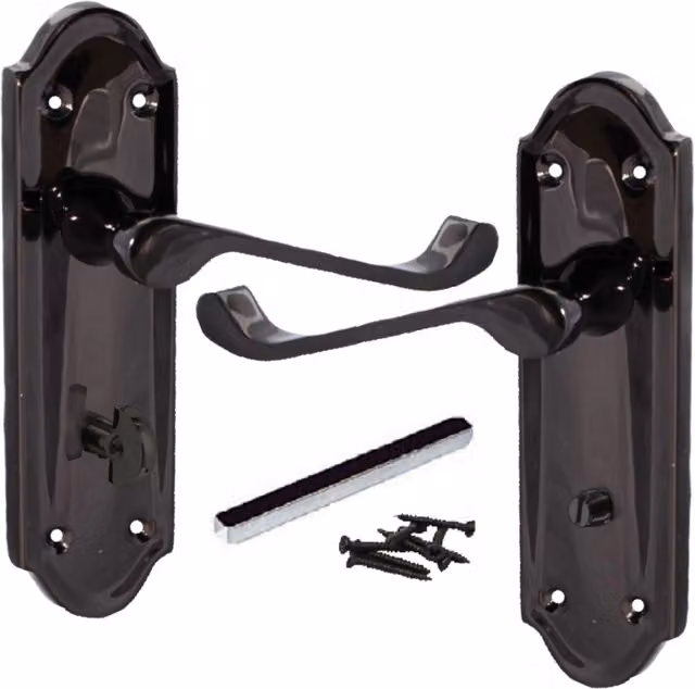 Ashford Bathroom Lock Scroll Lever Door Handle with Long Backplate Set, Black