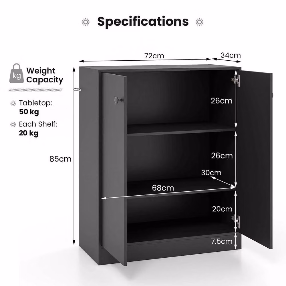 VOGREX Black Modern 2 Door Freestanding Storage Cabinet with 3 Internal Shelves – 2