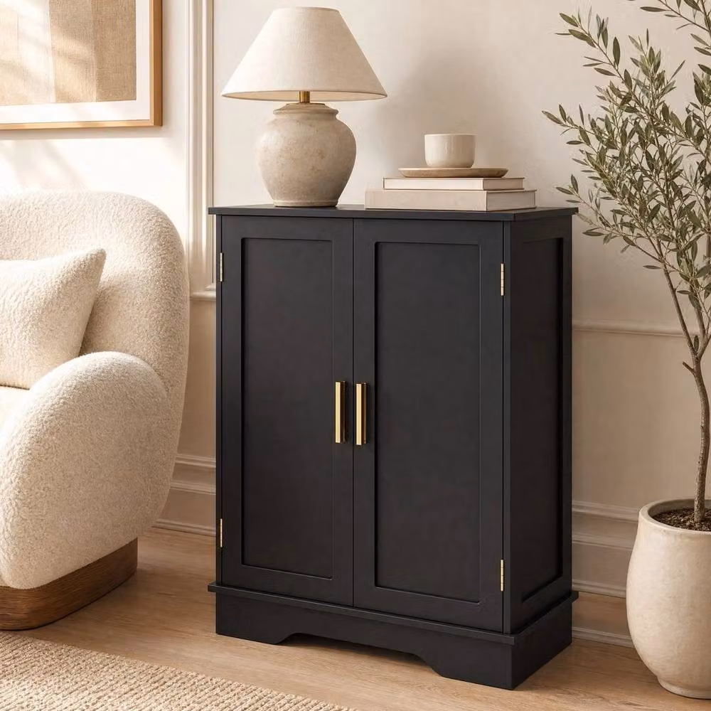 PAWNORA Modern Freestanding Double-door Floor Cabinet in Black and Gold for Bathroom or Living Room, W: 100 cm, D: 15 cm – 6