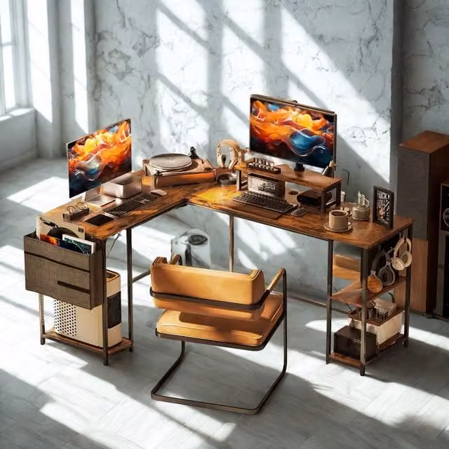 FURNOS Industrial L Shaped Corner Computer Desk in Brown, W/D/H: 168 x 120 x 76 cm