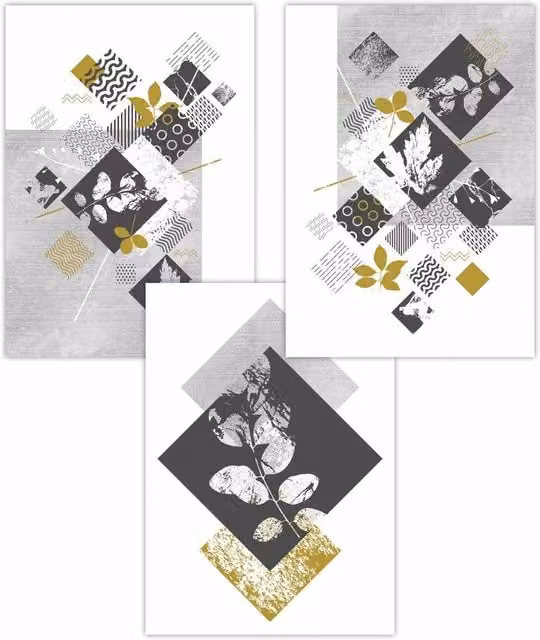 ARTZE Set of 3 Modern Abstract Floral Paper Posters in Yellow and Grey, W: 30 cm, H: 42 cm