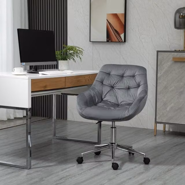 Vinsetto Modern Velvet Swivel Task Chair in Dark Grey with Armrests and Castors for Home Office