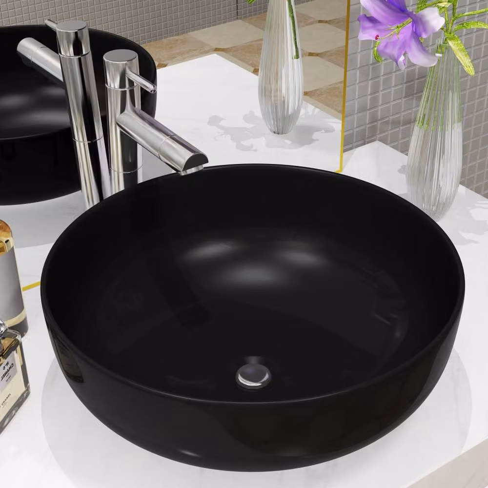 Berkfield Home Elegant Round Ceramic Countertop Basin in Black, W: 41.5 cm, H: 13.5 cm – 2
