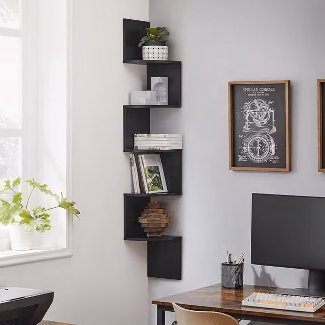 The Bazaarist Modern Corner Display Shelf Unit with Floating Storage Rack in Matt Ink Black