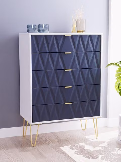 Ready Assembled 2 U Dallas 5 Drawer Chest in Dark Blue and Gold – 1