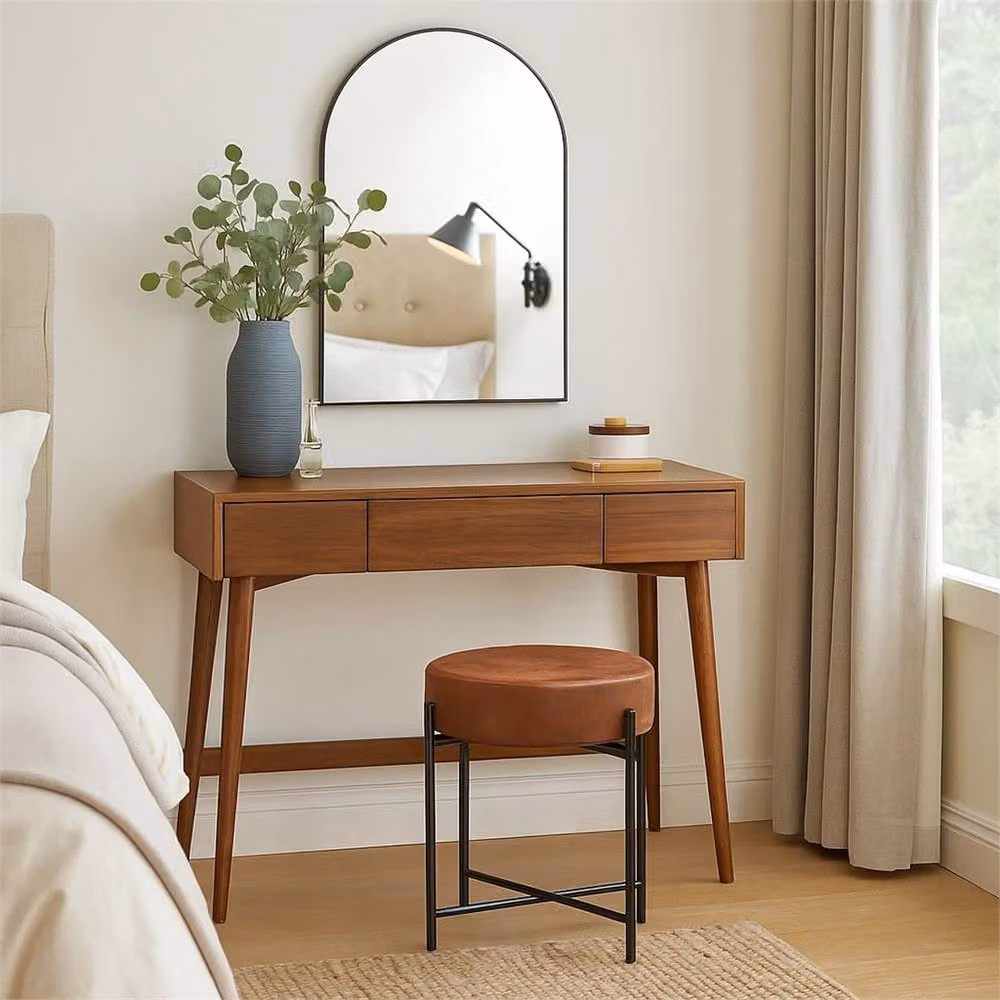 Havendro Brown Faux Leather Round Padded Stool with Metal Legs – 2