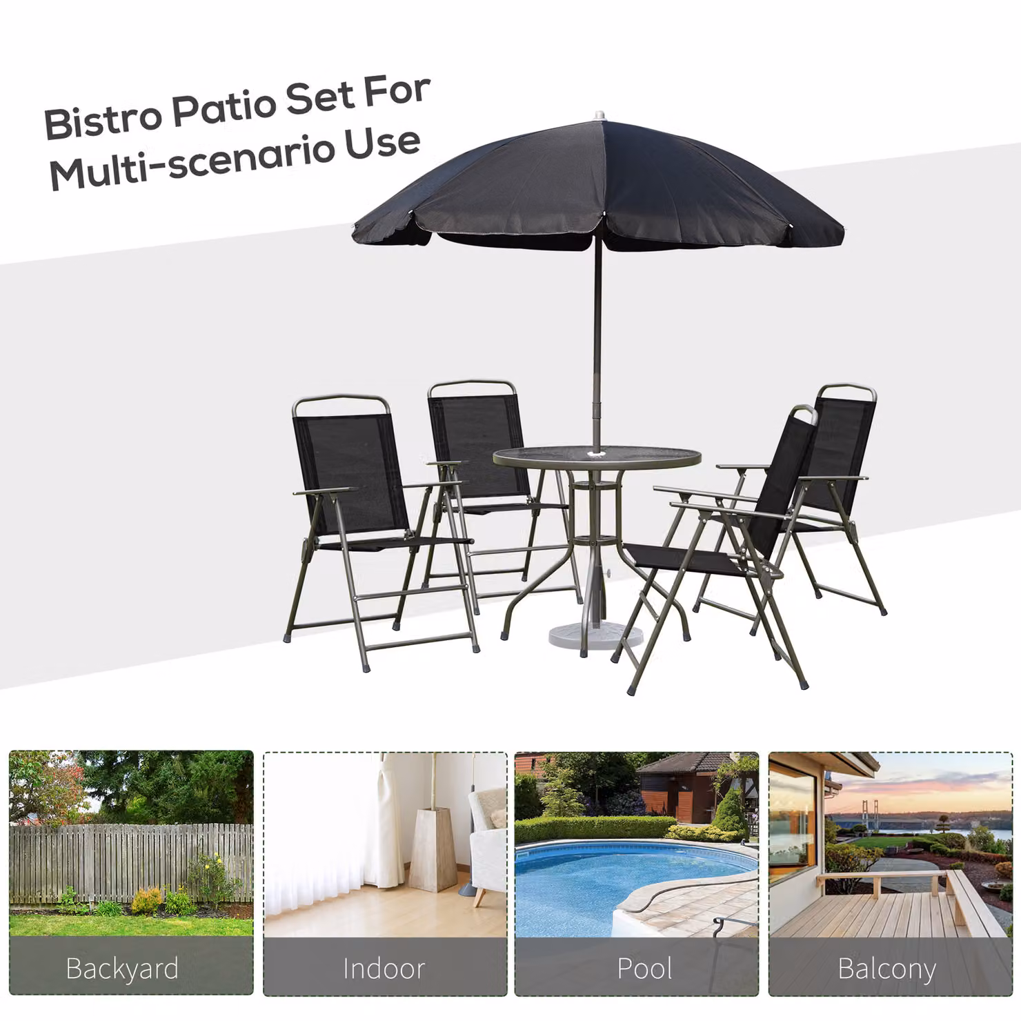 Outsunny 6 Piece Black Patio Dining Set with Round Glass Table and Folding Chairs – 2
