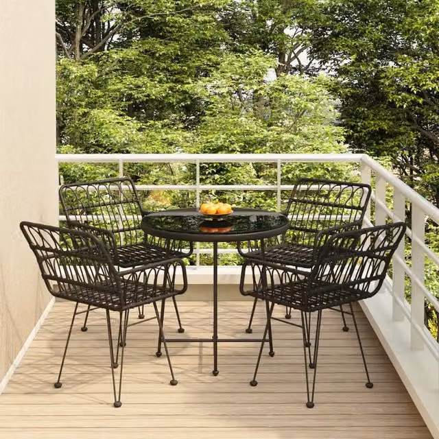 Berkfield Home 5 Piece Black Poly Rattan Garden Dining Set with Round Glass Top Table