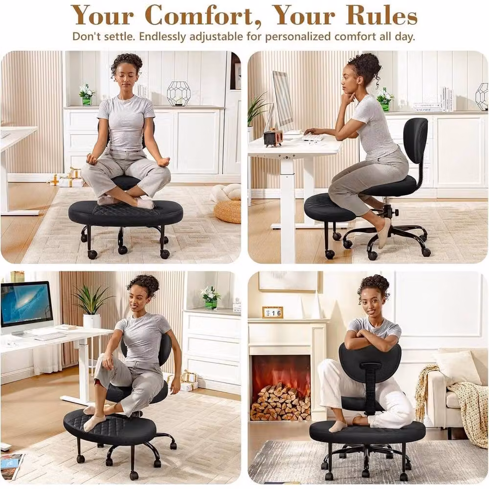 KORVIXA Black Cross Legged Meditation Office Chair with 360 Degree Swivel and Castors – 3