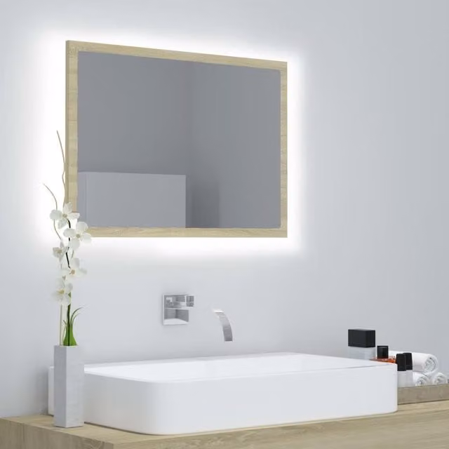 Berkfield Home LED Bathroom Mirror in Sonoma Oak Brown, W/D/H: 60 x 8.5 x 37 cm