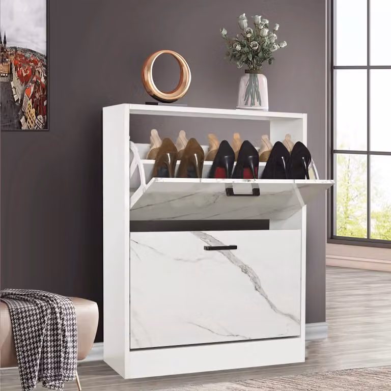 Modern White Slim Shoe Storage Cabinet with Tilting Compartments and Ventilation for Hallways