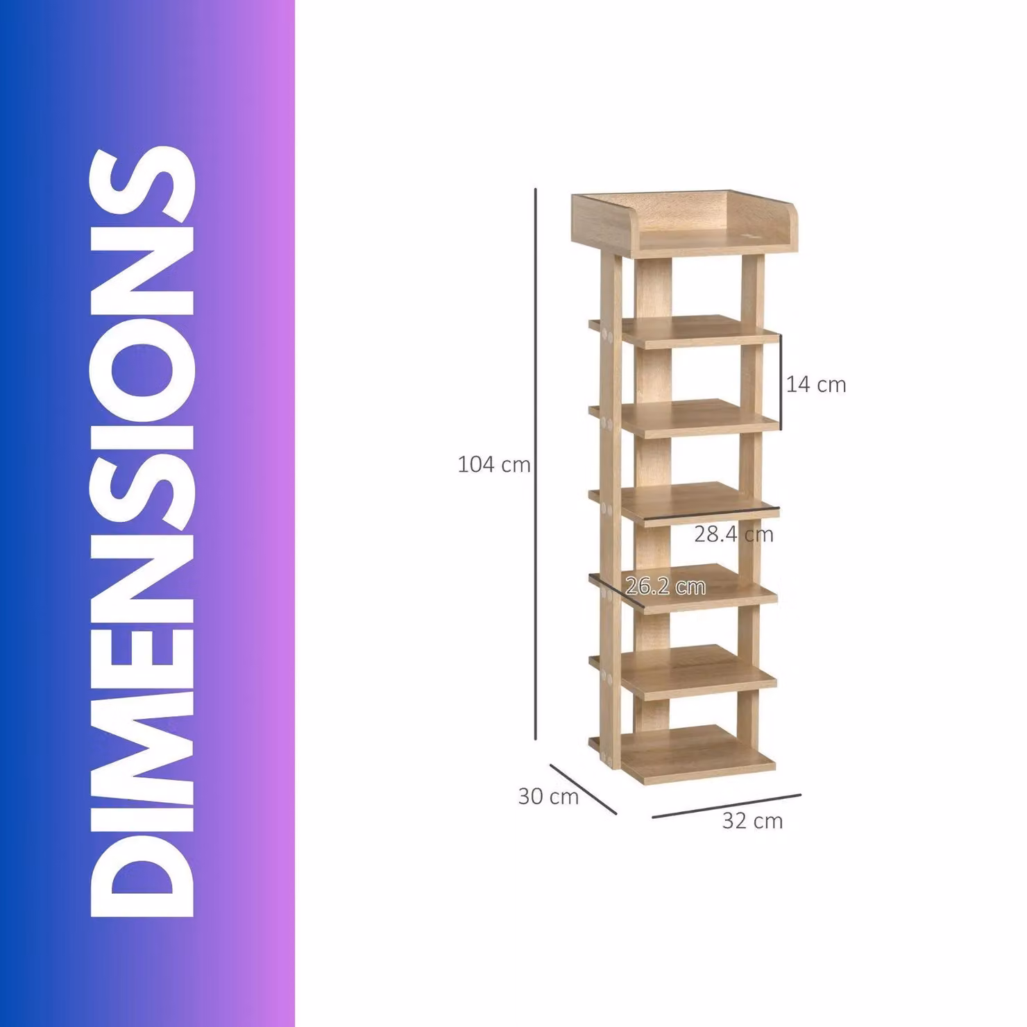 FURNOS 7-Tier Narrow Vertical Shoe Rack in Natural Brown, W/D/H: 30 x 30 x 104 cm – 3