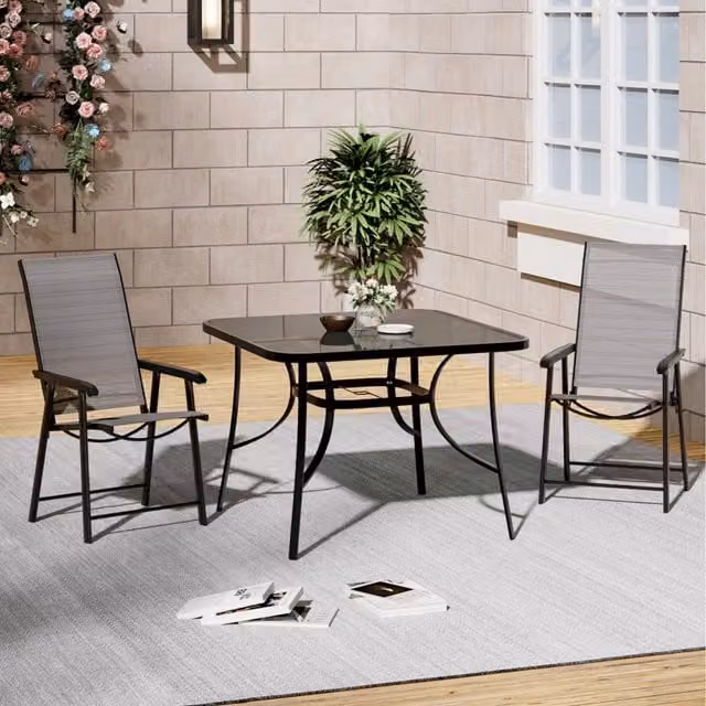 Livingandhome Modern 3-Piece Outdoor Dining Set with Square Glass Table and 2 Black Folding Chairs