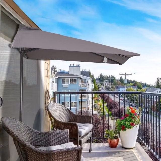 Outsunny Grey Half Parasol Semi Round Umbrella with Polyester Canopy