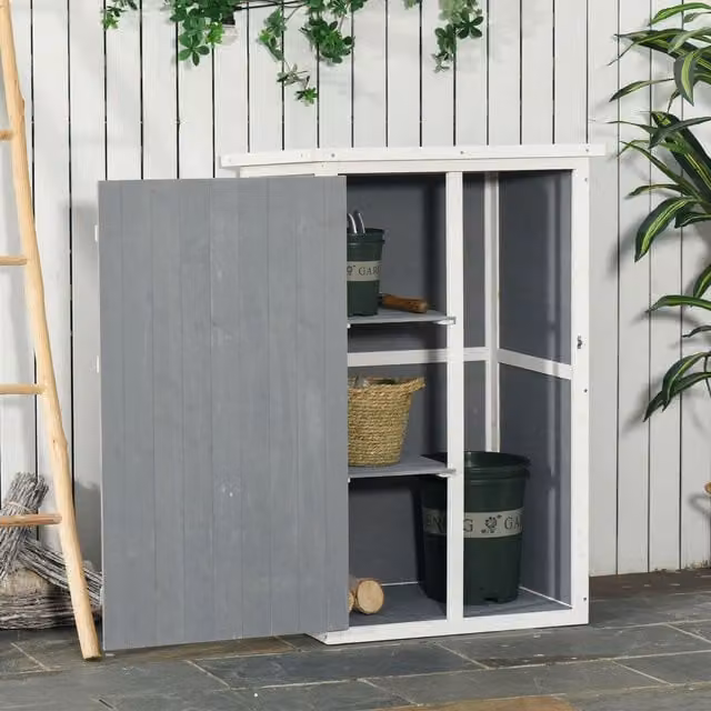 Outsunny Grey Fir Wood Garden Shed with Shelving