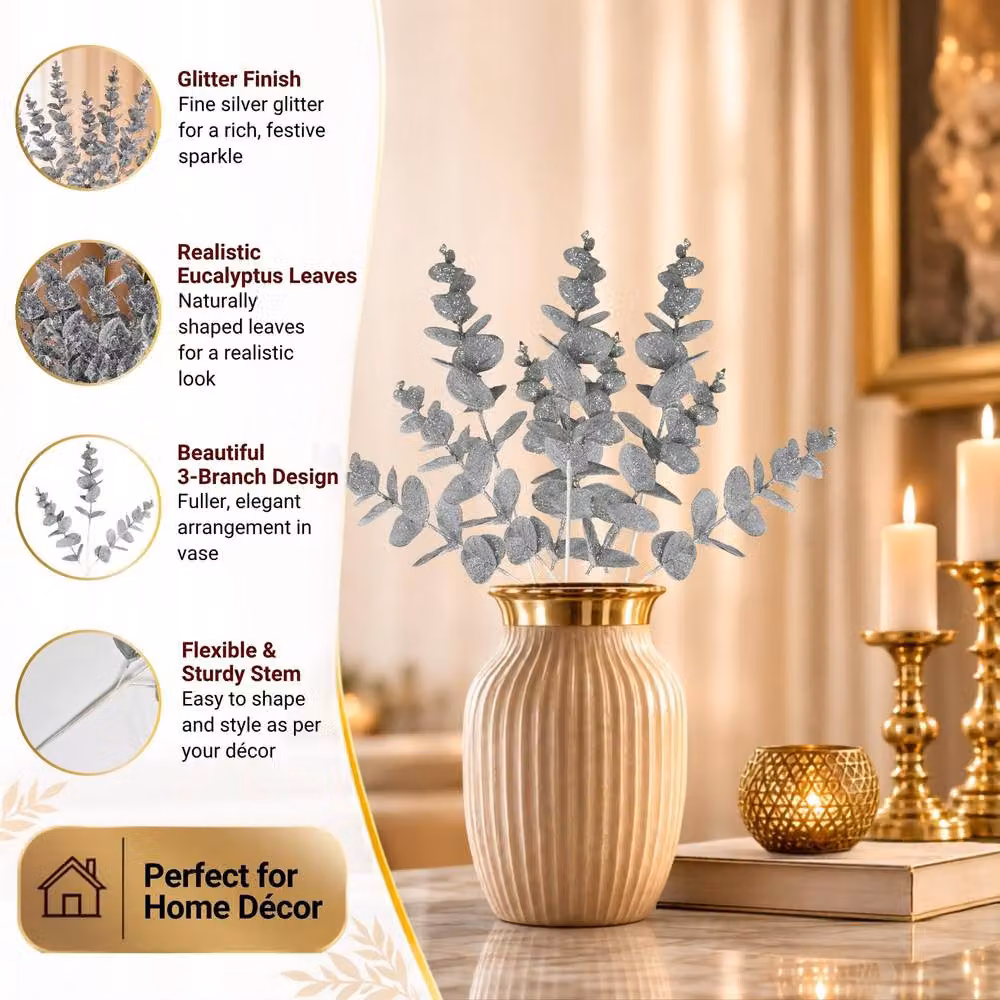 Shatchi Silver Glitter Artificial Eucalyptus Christmas Tree Picks, 12 Pack, Height: 55 cm – 4