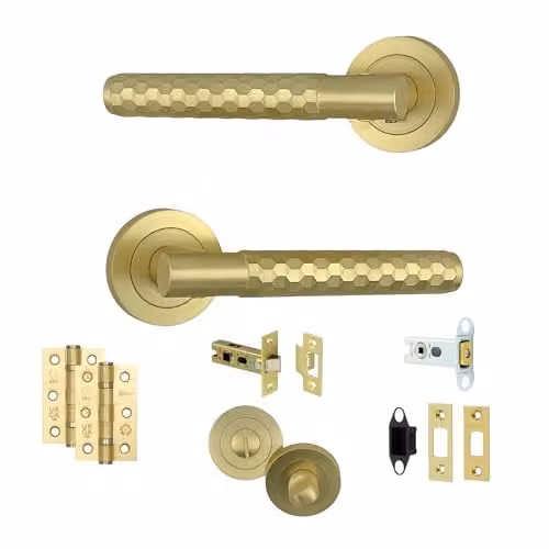 AXS Hardware Montana Internal Door Handles on Rose, Satin Brass Bathroom Door Pack for Wooden Doors with Concealed Fix – 1
