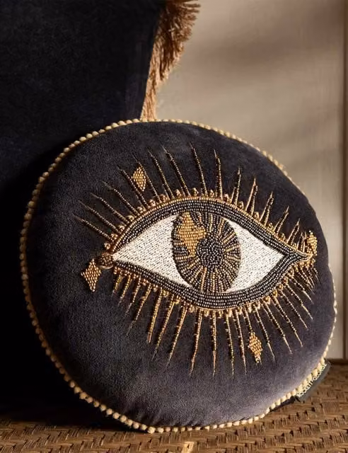 Rockett St George Beaded Eye Velvet Embellished Round Cushion in Black