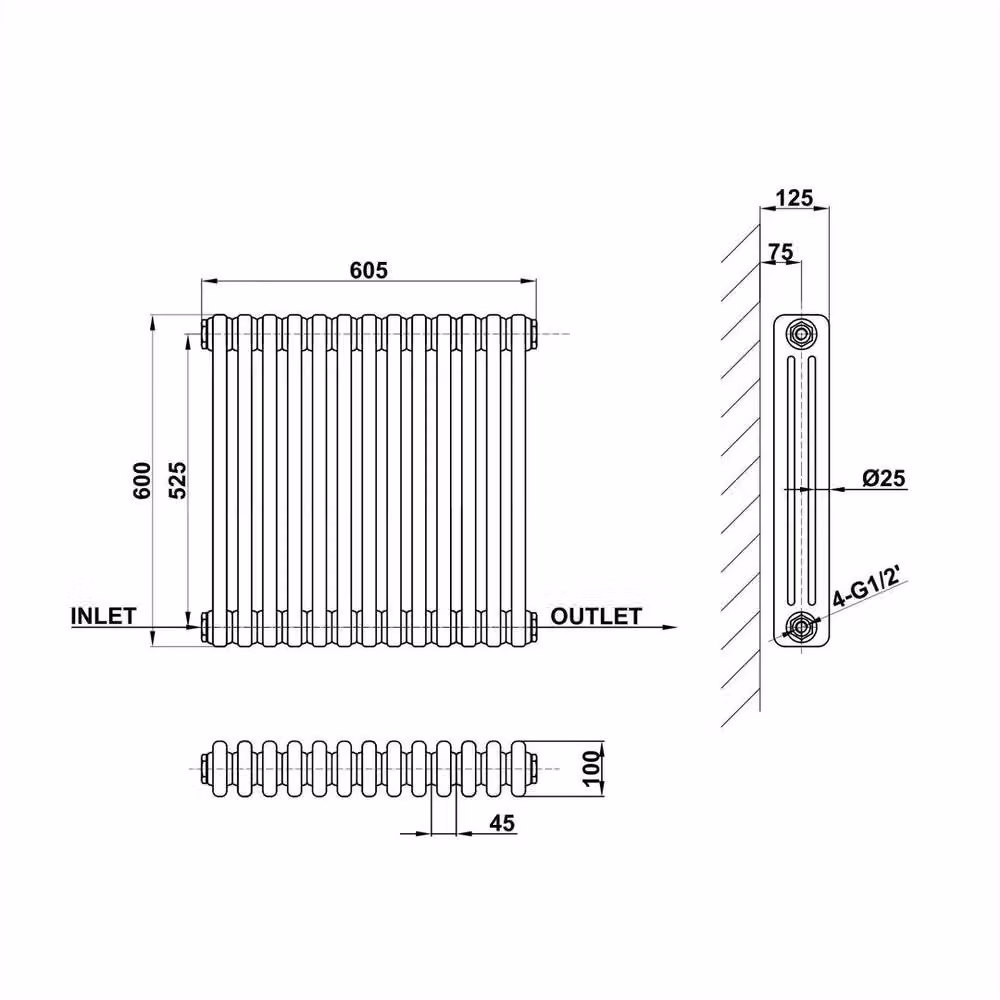Hinsinc 3 Column Horizontal Cast Iron Radiator, White, W/D/H: 60.0 x 60.5 x 52.0 cm – 1