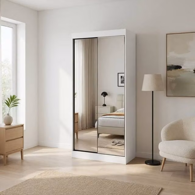 KDMD Chichester White Modern Sliding Door Wardrobe with Full Mirrors W: 100 cm, H: 220 cm, D: 62 cm
