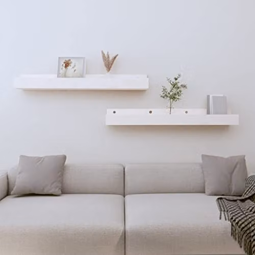 vidaXL Set of 2 White Solid Wood Pine Wall Shelves, W: 80 cm, D: 12 cm, H: 9 cm – 2