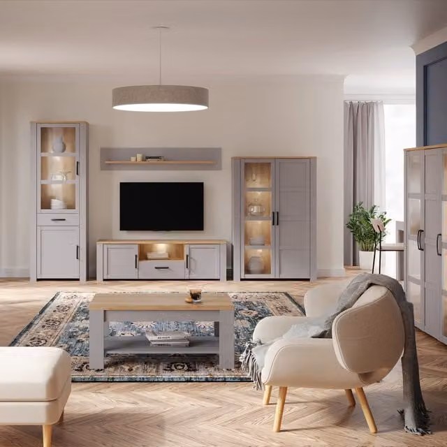 Furniture To Go Bohol Modern TV Unit with LED Light in Grey Riviera Oak and Black