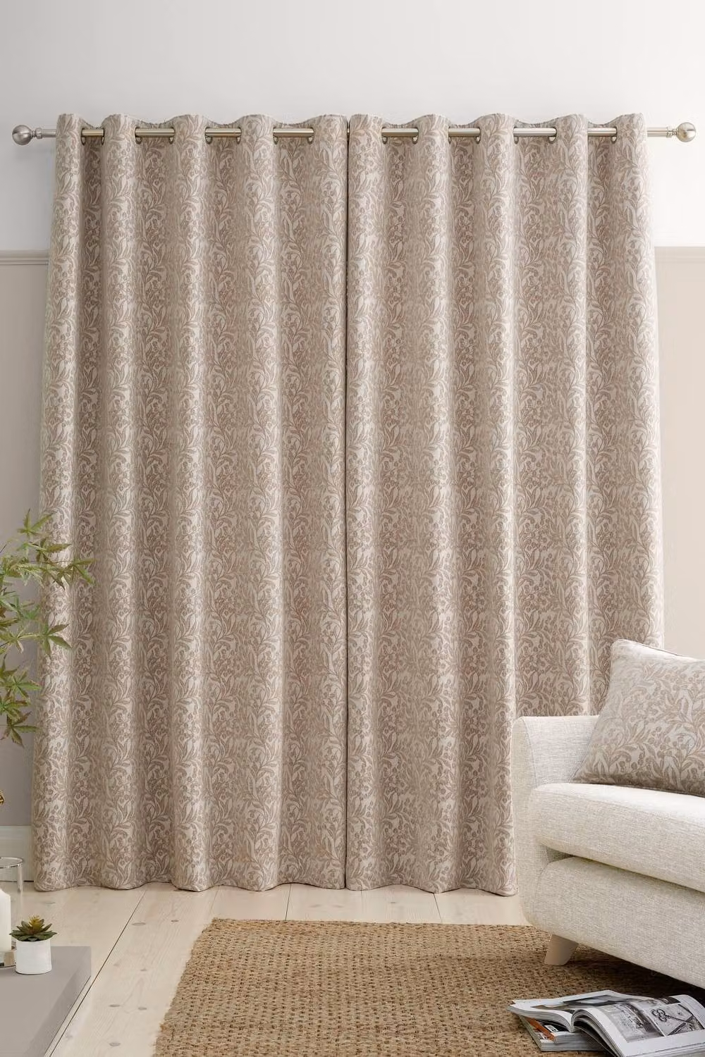 Bianca Chenille Leaves Lined Eyelet Curtains in Natural Beige, Width: 229 cm, Drop: 229 cm