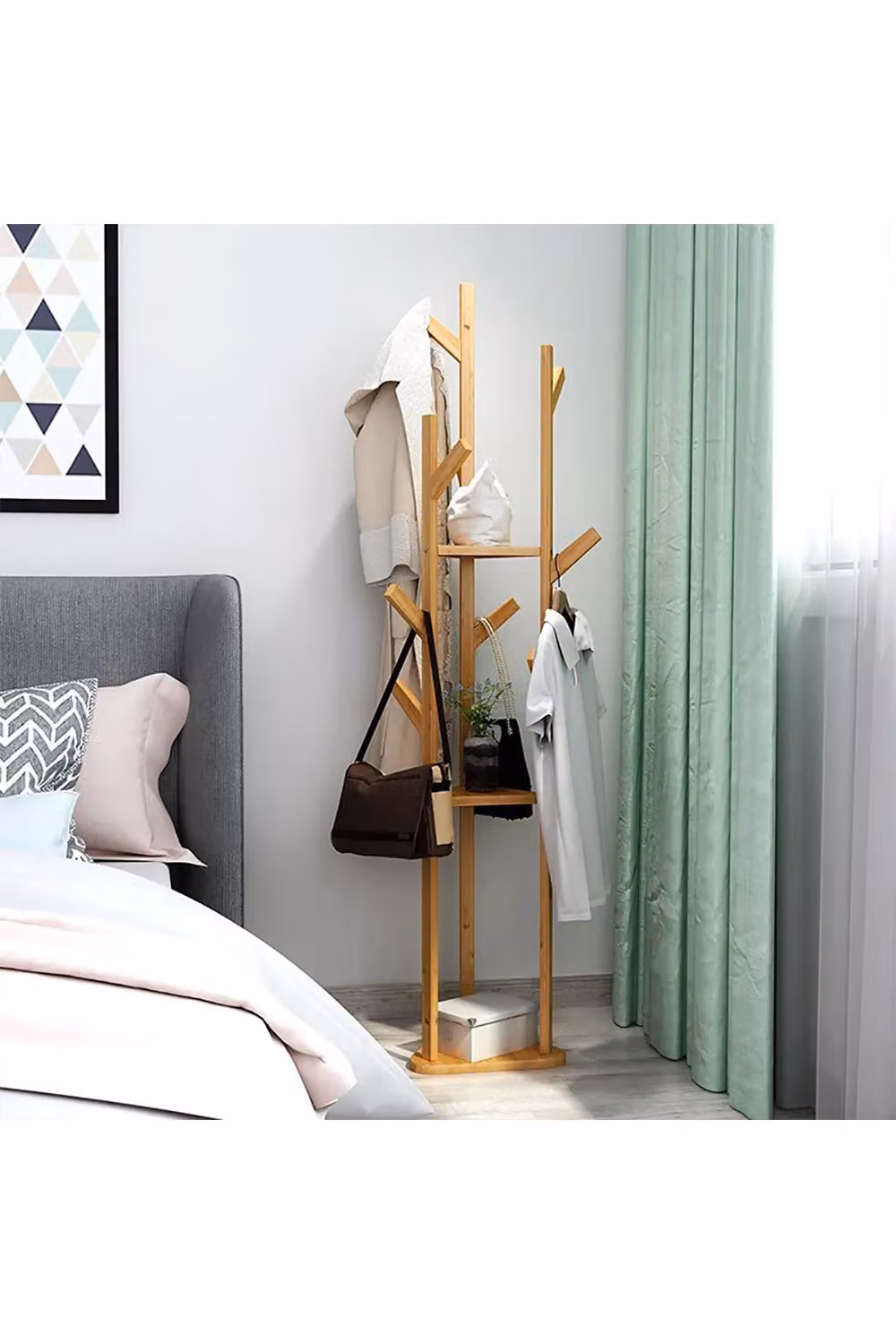 Living and Home Wooden Corner Coat Stand with 8 Hooks and 3-Tier Storage Shelf, Brown – 2