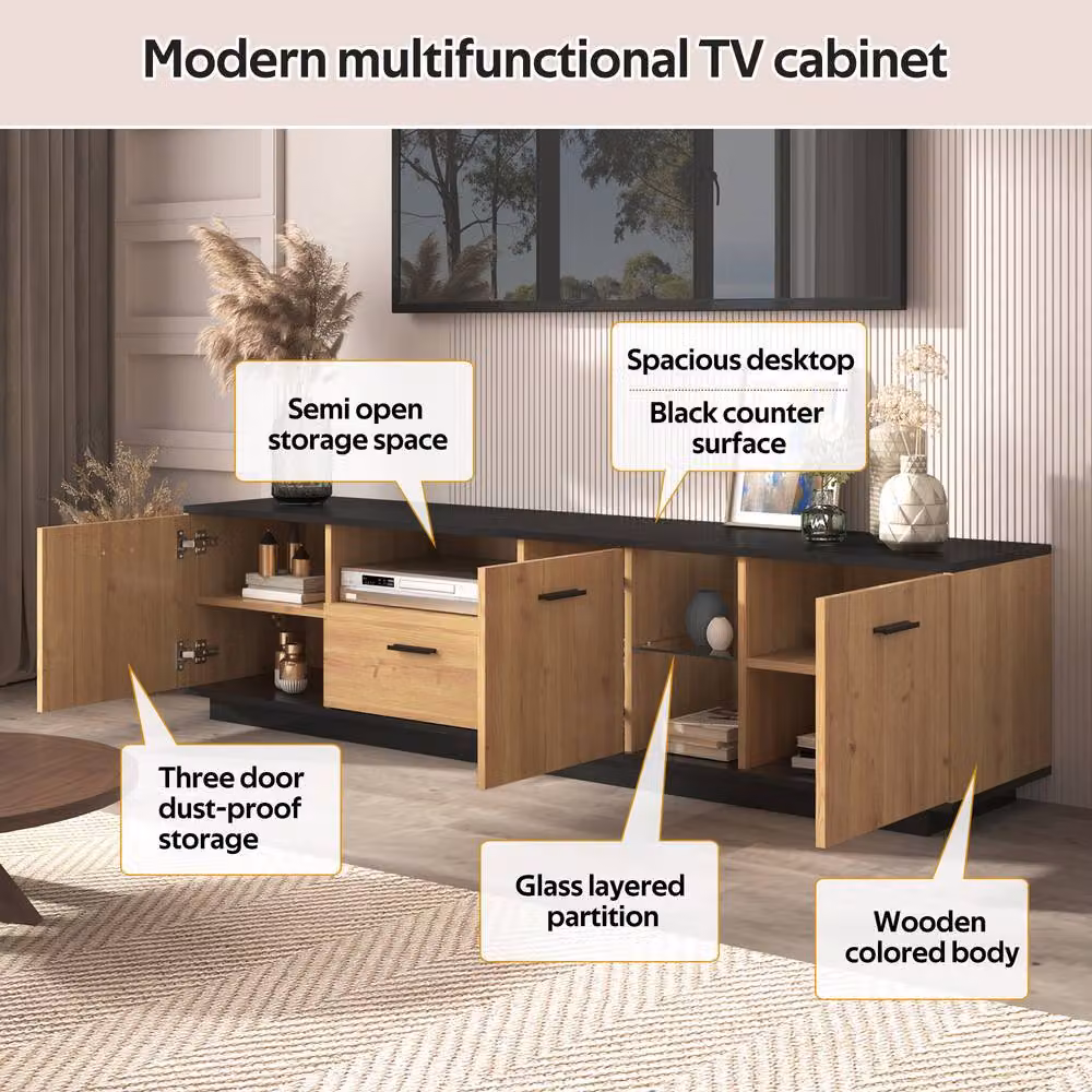 Rolipo Modern Black and Wood TV Stand with Integrated LED Lights, W: 180 cm, D: 45 cm, H: 37 cm – 5