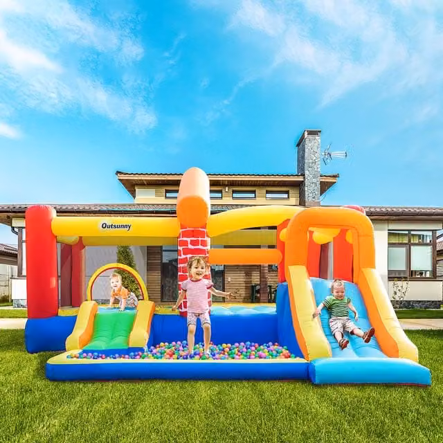 Outsunny XL Double Slide Trampoline Castle Pool with Blower, Multi-coloured