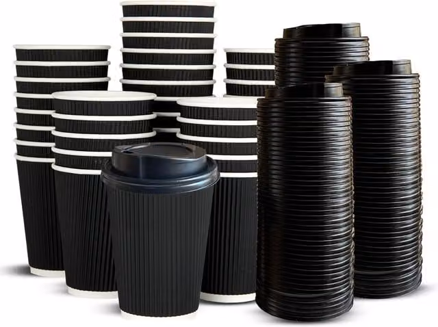 ECONX Disposable Black Paper Coffee Cups with Lids, 355 ml