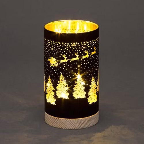 Shatchi Christmas Decorated Glass Vase Table Lamp with Santa Sleigh Scene, Black, H 23 cm x W 10 cm x D 10 cm