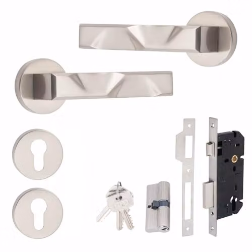 Golden Grace Nova Euro Lock Door Handles, 70mm Satin Nickel Key Lock Set in Silver