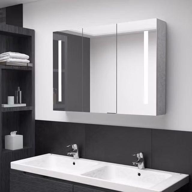 Berkfield Home LED Bathroom Mirror Cabinet in Concrete Grey, W: 89 cm, D: 14 cm, H: 62 cm