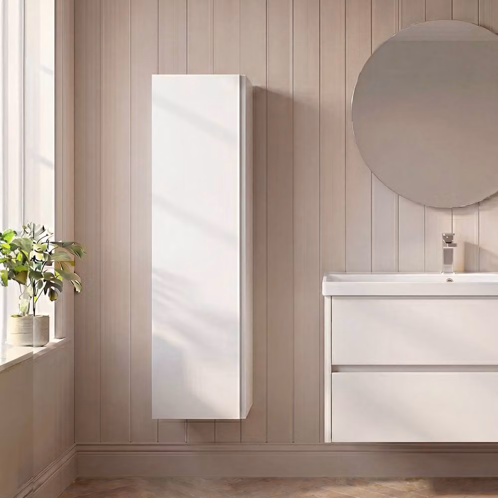 Balterley Modern White Wall Mounted Bathroom Tall Unit with Soft Close Hinged Doors and Internal Shelves – 2