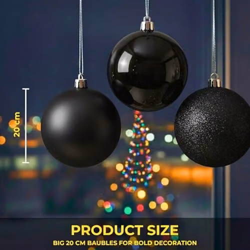 SHATCHI Set of 3 Black Shatterproof PVC Christmas Baubles, 20 cm Round Hanging Ornaments with Glossy, Matt and Glitter Finishes – 4