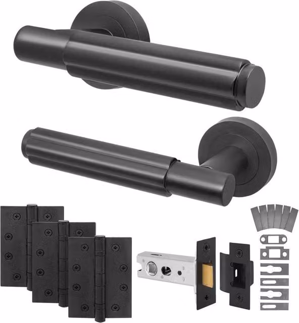AFIT Matt Black Aluminium Fire Door Handle Latch Set with Hinges and Screws, W/D/H: 15 x 15 cm