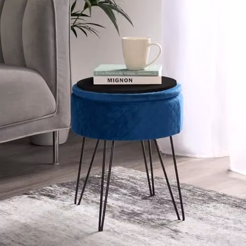 OHS Navy Blue Velvet Quilted Round Storage Ottoman Stool with Metal Hairpin Legs – 1