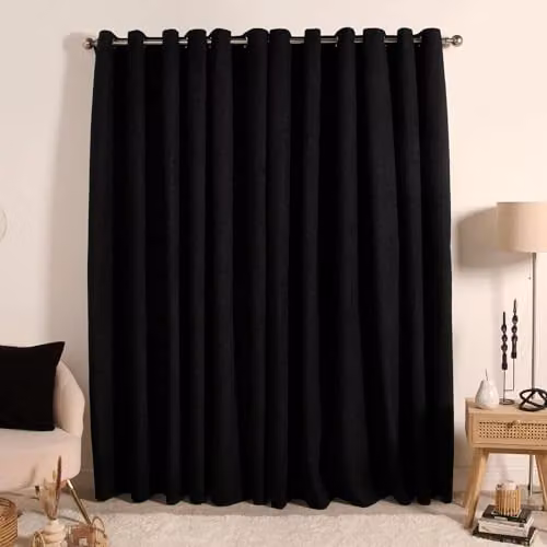 OHS Blackout Boucle Eyelet Curtains in Black, Thermal Insulating, Width: 167 cm, Drop: 228 cm