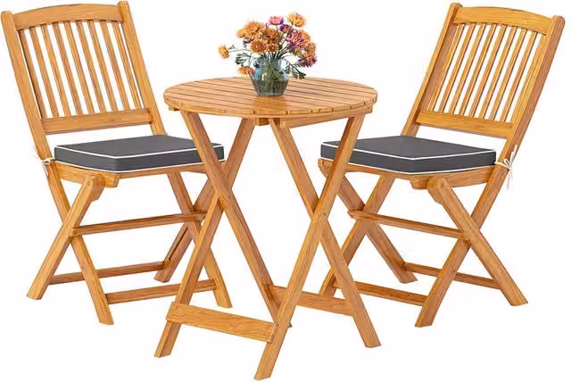 Gymax 3 Piece Folding Patio Bistro Set in Grey and Brown Treated Hardwood – 1