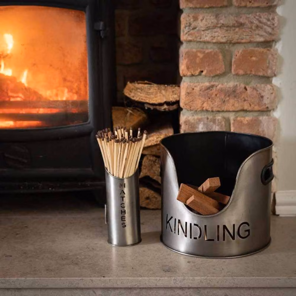Lemon Pavilion Grey Metal Logs and Kindling Buckets and Matchstick Holder, Height: 32 cm – 4