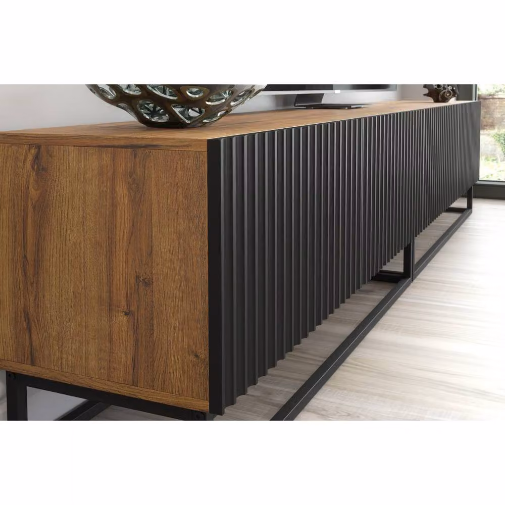 Creative Furniture Ripple Duo TV Unit in Oak and Black with Fluted Doors, W: 200 cm, D: 45 cm, H: 35 cm – 3