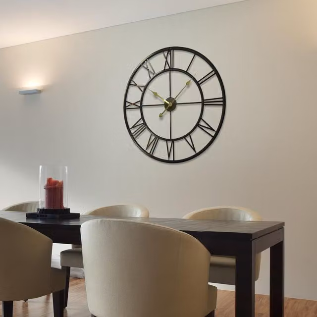 WALPLUS Large Silver Metal Roman Numerals Wall Clock, Diameter: 76 cm, Depth: 6.5 cm