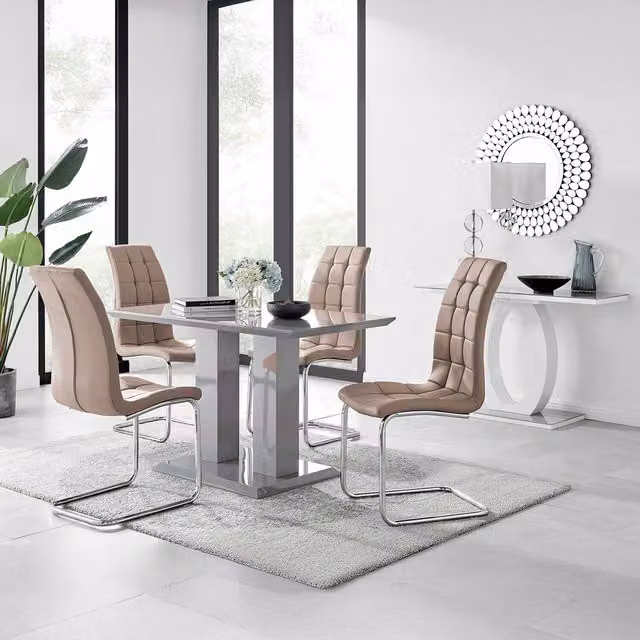 FurnitureboxUK Imperia 4 Modern Grey High Gloss Rectangular Dining Table and 4 Murano Chairs Set in Cappuccino