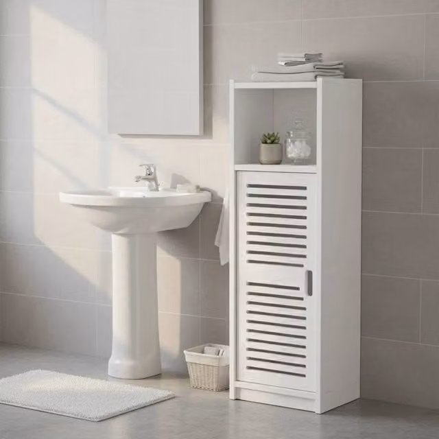 FORGEVIO White Freestanding Bathroom Floor Cabinet with Hinged Doors and Internal Shelves