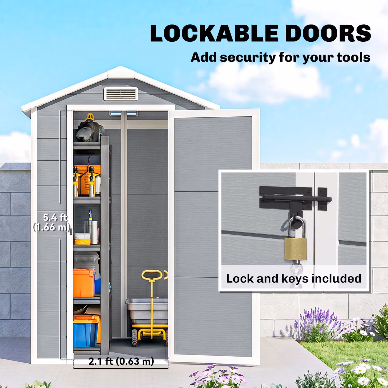 Outsunny Grey Outdoor Storage Shed with Built-In Floor, Lockable Door, Windows and Vents, W/D/H: 121.92 x 175 x 121.92 cm – 5
